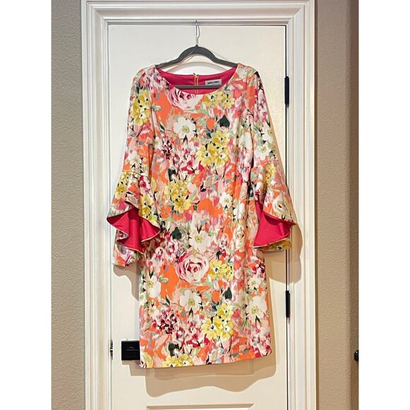 Shelby & Palmer Floral 3/4 Bell Sleeve Hippie Sheath Dress Size 14 - Picture 2 of 9